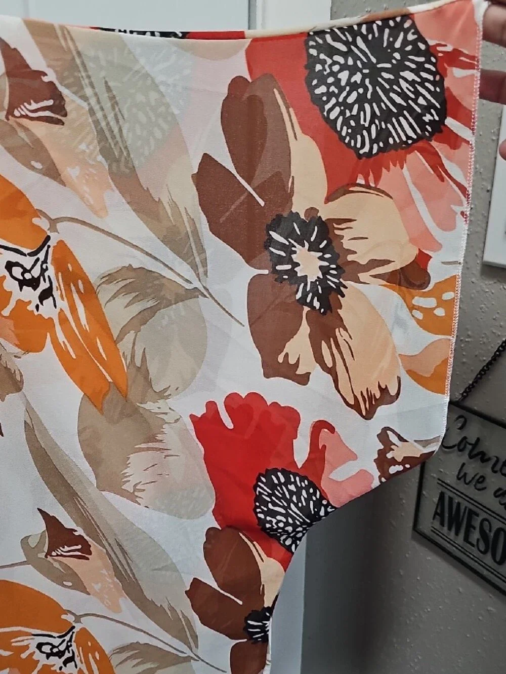 Maurices Floral Open-Front Kimono in Red, Orange & Tan With Cream Crewneck T.